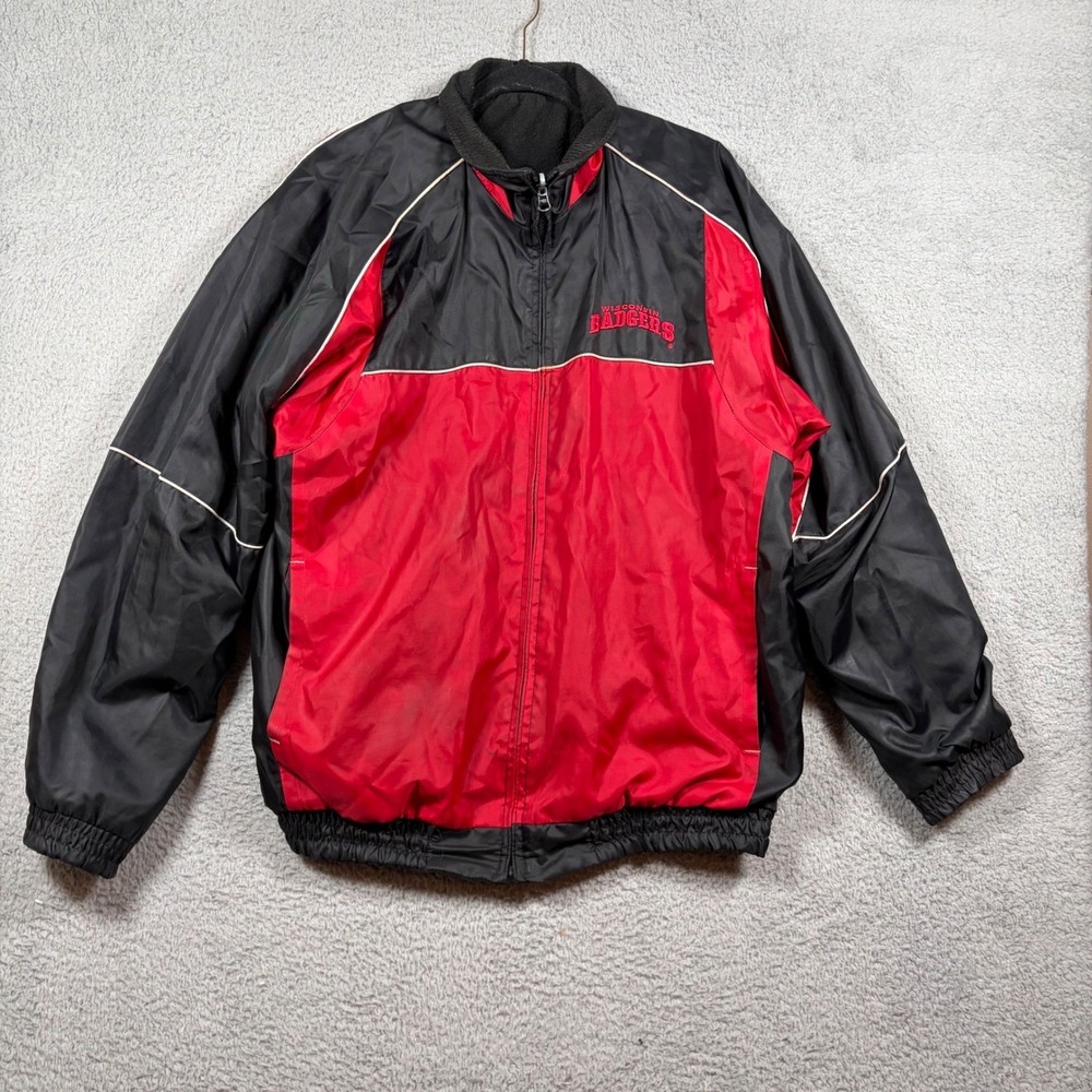 Wisconsin Badgers Mens Medium Full Zip Fleece Lined Windbreaker Jacket Red Black